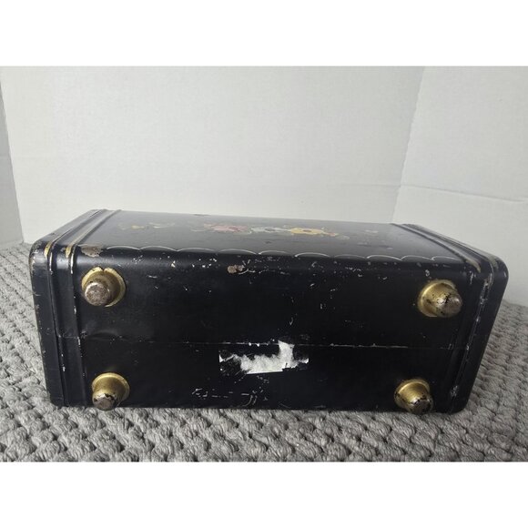 Vintage Toleware Black Metal Box Hand Painted Floral Sewing Vanity Tin Rustic - Picture 10 of 10